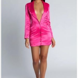 Meshki hot pink satin blazer dress gold buttons